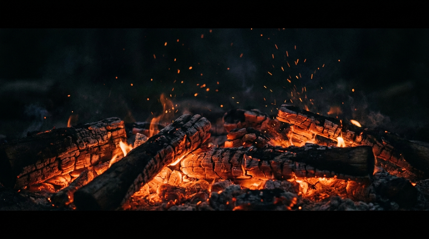 Glowing campfire embers